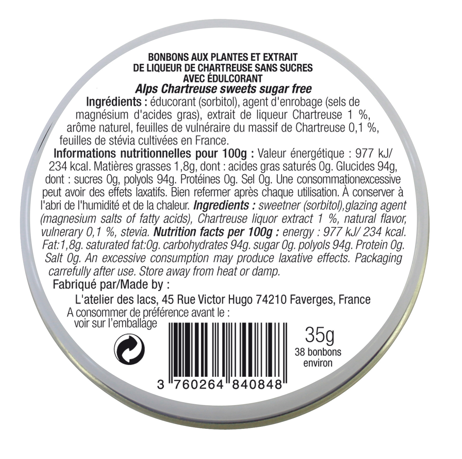 CHARTREUSE et feuilles de Vulnéraire 38 bonbons Atelier des Lacs